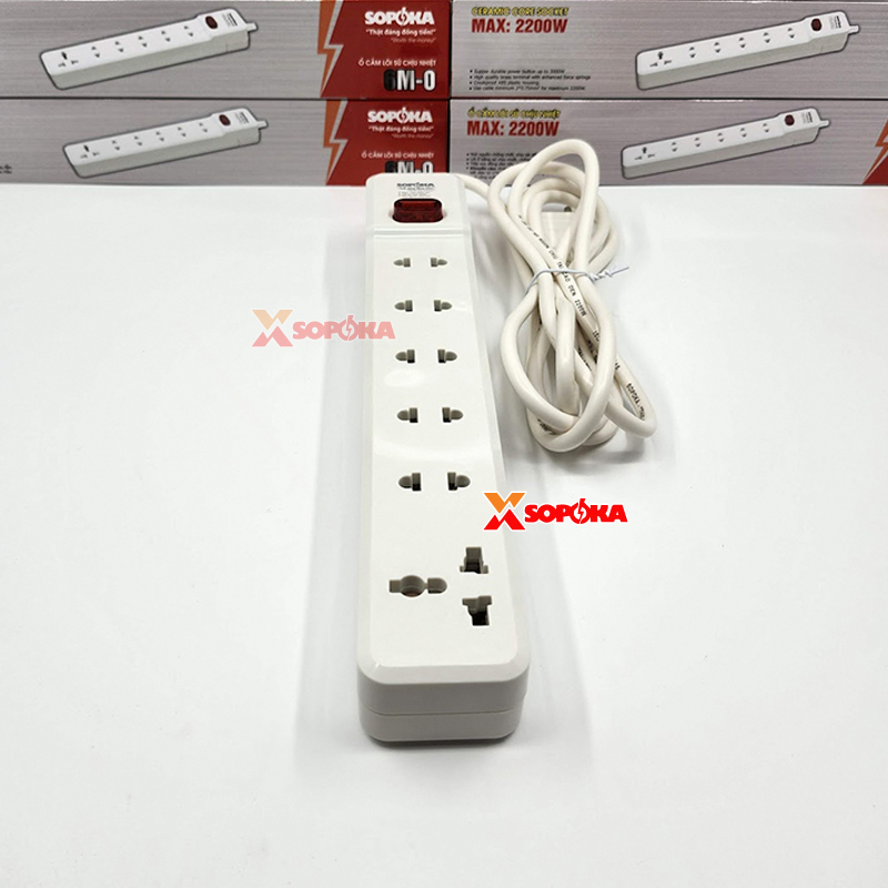 Ổ Cắm 6 Lỗ Lõi Sứ 2200W SOPOKA 6M2 – Có Dây, Công Tắc