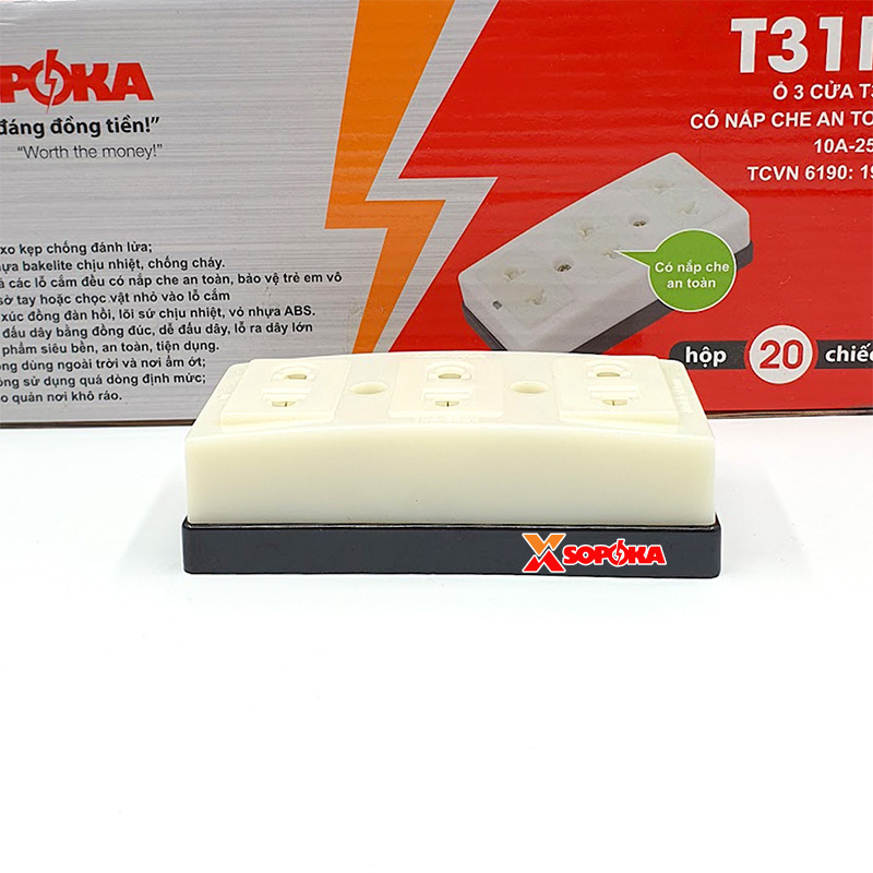 Ổ Cắm Điện 3 Lỗ Gắn Táp Lô Có Màn Che An Toàn T31N SOPOKA 2200W