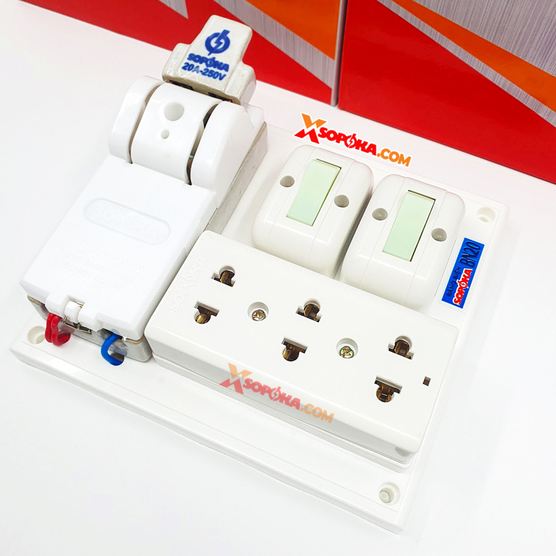 Bảng Điện 2 Công Tắc 3 Lỗ Cắm 1 Cầu Dao Sứ BN20 SOPOKA