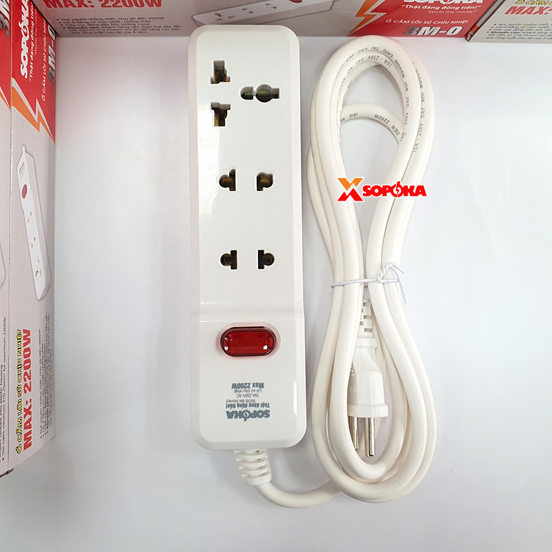Ổ Cắm Điện 3 Lỗ 2200W Lõi Sứ Có Dây Và Công Tắc 3M2 SOPOKA