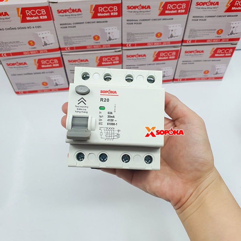 Aptomat Chống Giật 3 Pha 4 Cực RCCB 4P Chống Giật 63A 4P 30mA SOPOKA