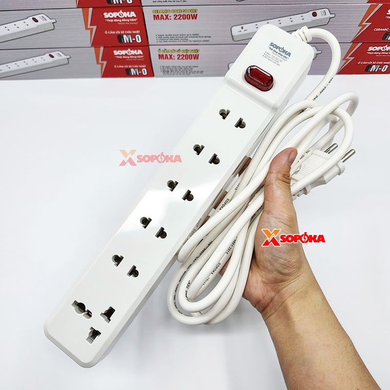 Ổ Cắm 6 Lỗ Lõi Sứ 2200W SOPOKA 6M2 – Có Dây, Công Tắc