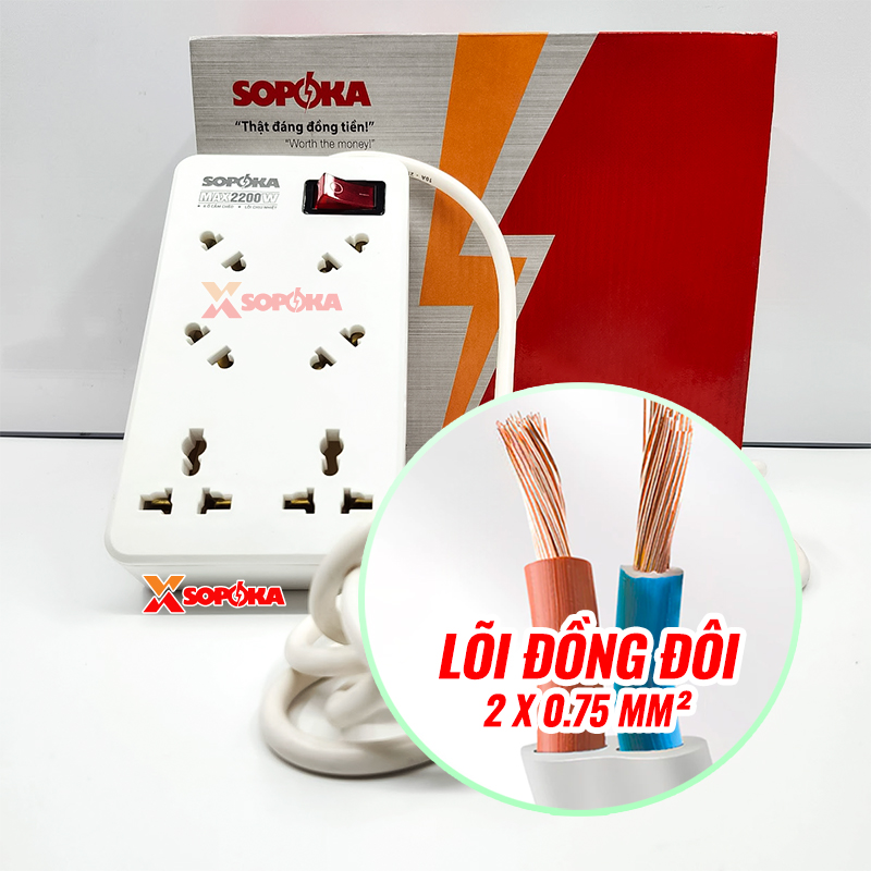 Ổ Cắm Điện 6 Lỗ Chéo Lõi Chịu Nhiệt 2200W 6A2 SOPOKA