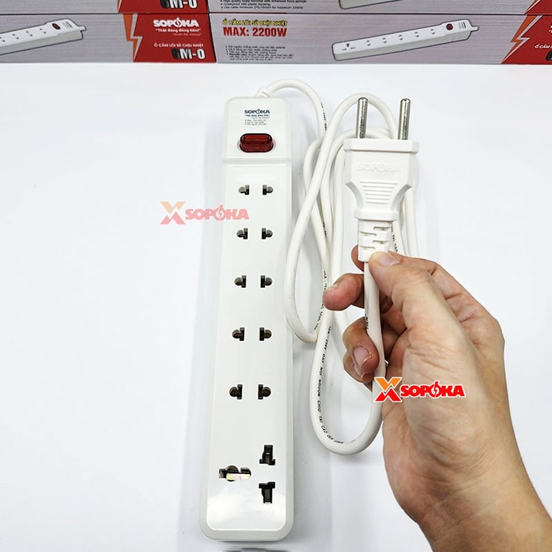 Ổ Cắm 6 Lỗ Lõi Sứ 2200W SOPOKA 6M2 – Có Dây, Công Tắc