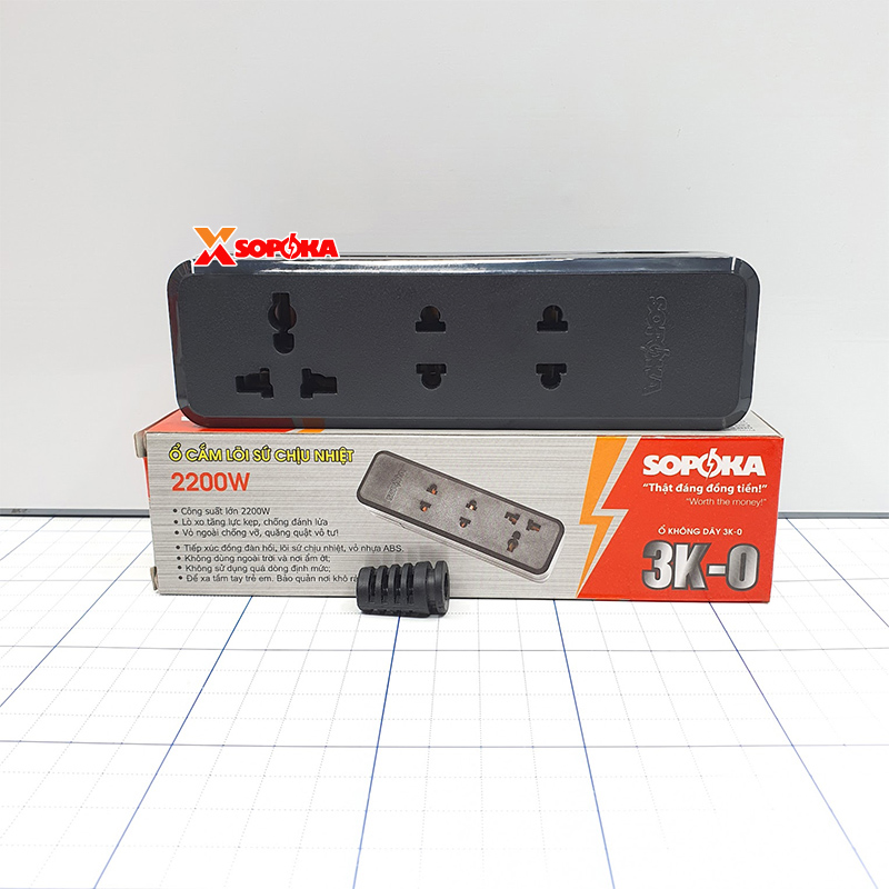 Ổ Cắm Điện 3 Lỗ 2200W Lõi Sứ – Không Dây 3K-0 SOPOKA