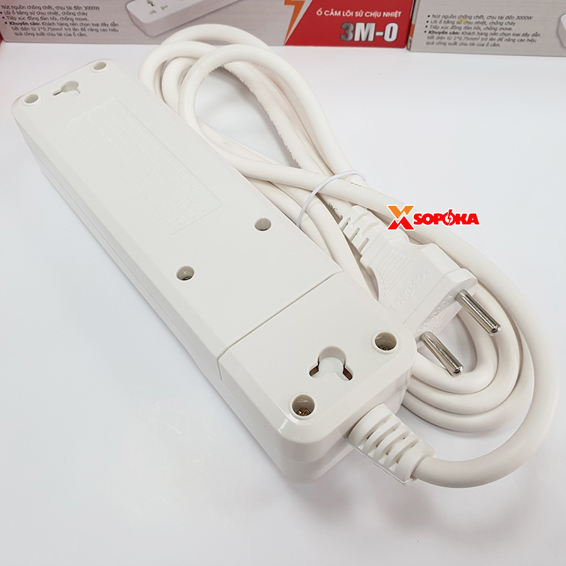 Ổ Cắm Điện 3 Lỗ 2200W Lõi Sứ Có Dây Và Công Tắc 3M2 SOPOKA