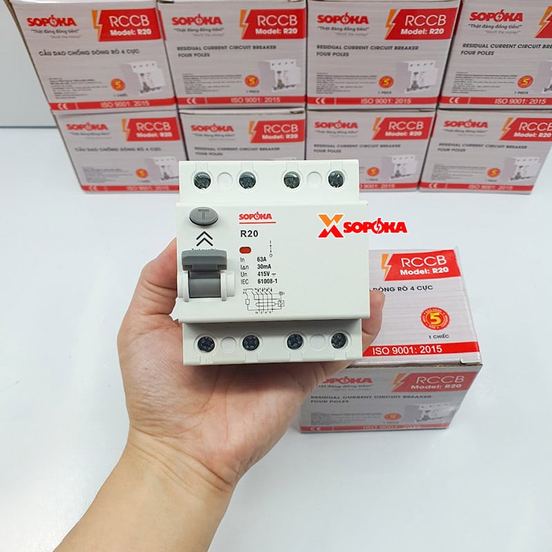 Aptomat Chống Giật 3 Pha 4 Cực RCCB 4P Chống Giật 63A 4P 30mA SOPOKA