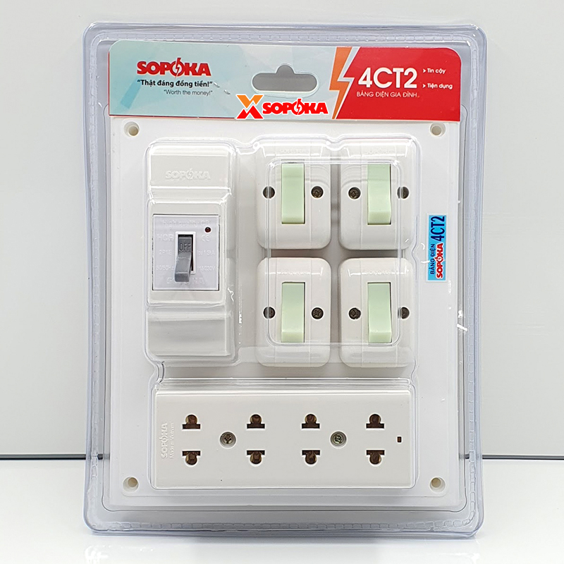 Bảng Điện 4 Công Tắc 3 Lỗ Cắm 1 CB Cóc 4CT2 SOPOKA