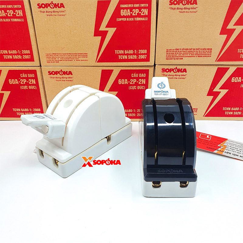 Cầu Dao Đảo Đế Sứ 1 Pha 60A 2P 600V 2N Cực Đúc Màu Đen D22(A) SOPOKA