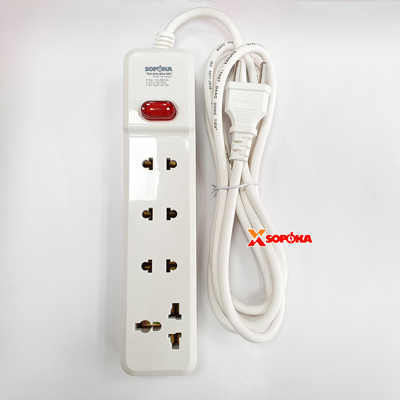 Ổ Cắm Điện 4 Lỗ 2200W Lõi Sứ Có Dây Và Công Tắc 4M2 SOPOKA