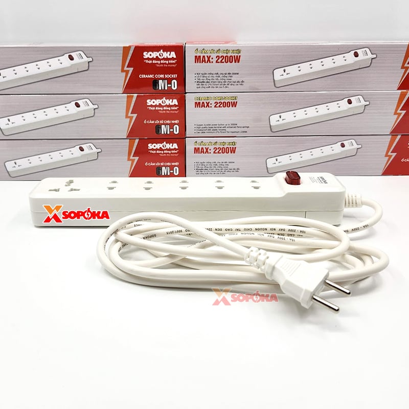 Ổ Cắm 6 Lỗ Lõi Sứ 2200W SOPOKA 6M2 – Có Dây, Công Tắc