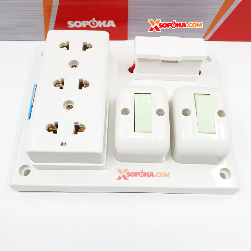 SOPOKA BN2E Bảng Điện 2 Công Tắc 3 Lỗ Cắm 2200W 10A