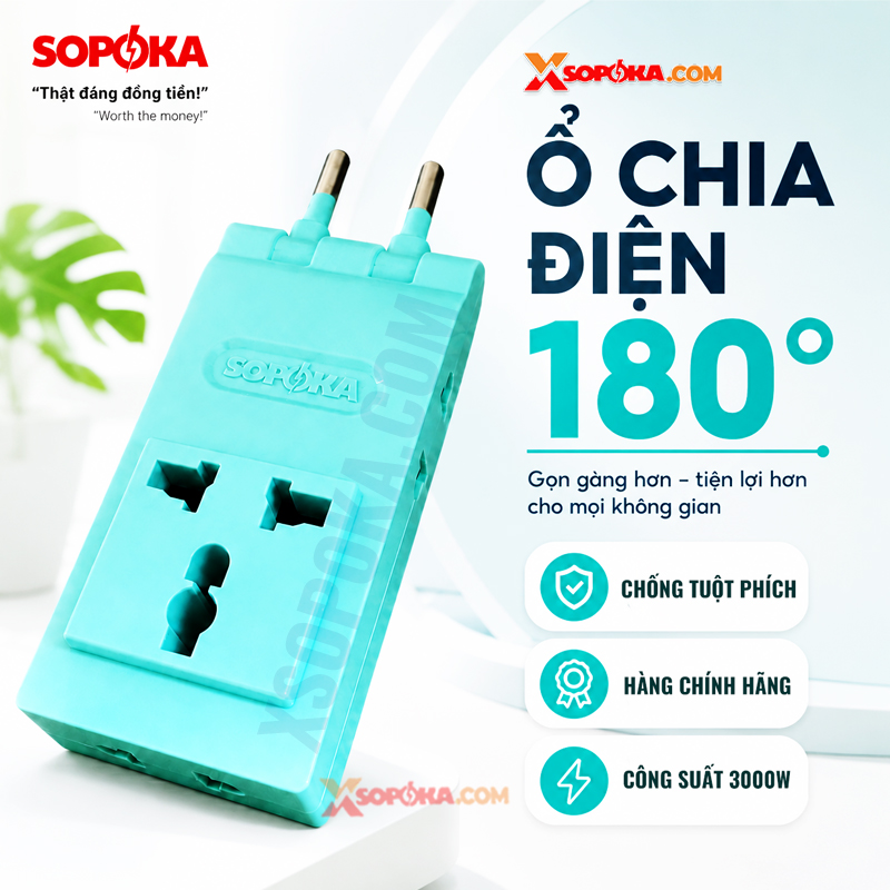 Ổ Chia Điện 4 Lỗ Dẹp Cổ Xoay 3000W 13A R4X-3000W SOPOKA