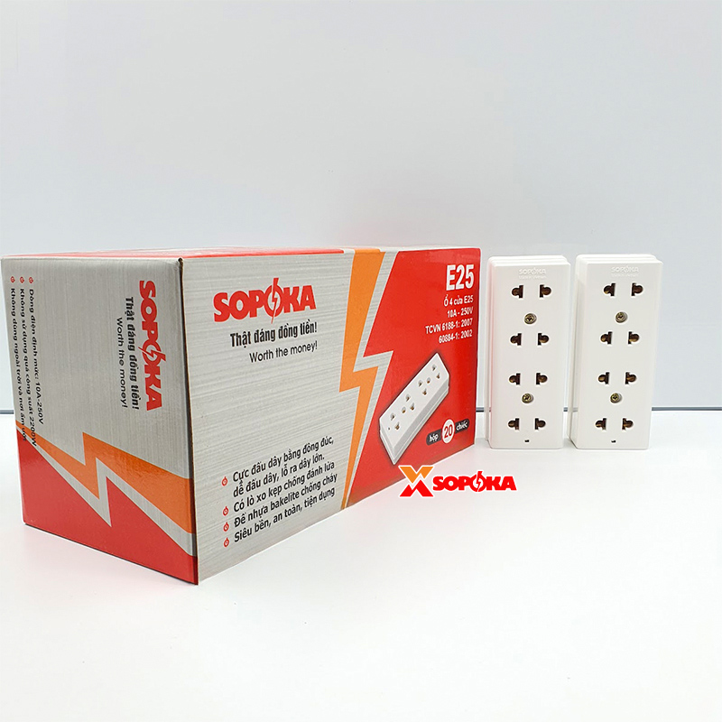Ổ Cắm Điện 4 Lỗ Gắn Tường/Gắn Táp Lô SOPOKA E25