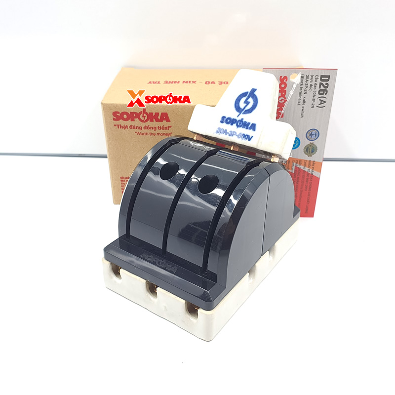 Cầu Dao Đảo Đế Sứ 3 Pha 30A 3P 2N 250V Cực Đúc Màu Đen D26A SOPOKA