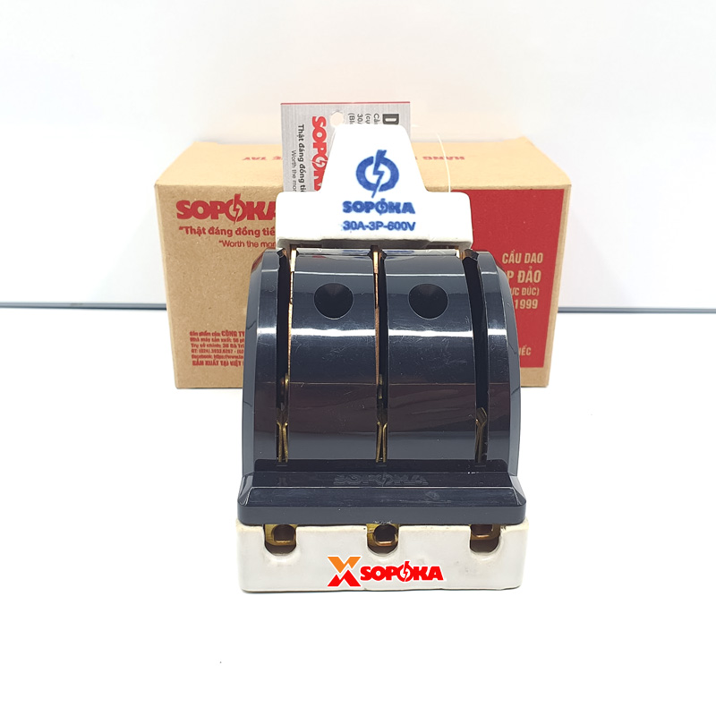 Cầu Dao Đảo Đế Sứ 3 Pha 30A 3P 2N 250V Cực Đúc Màu Đen D26A SOPOKA