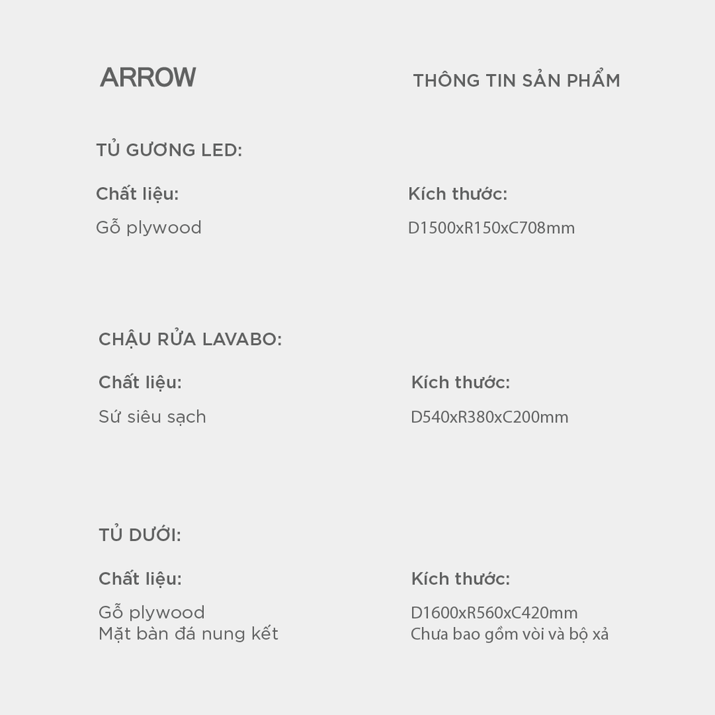 Bộ Tủ Lavabo Arrow A1601LXFZ1/ATX5637F và Tủ Gương Arrow A1601LXFZ2