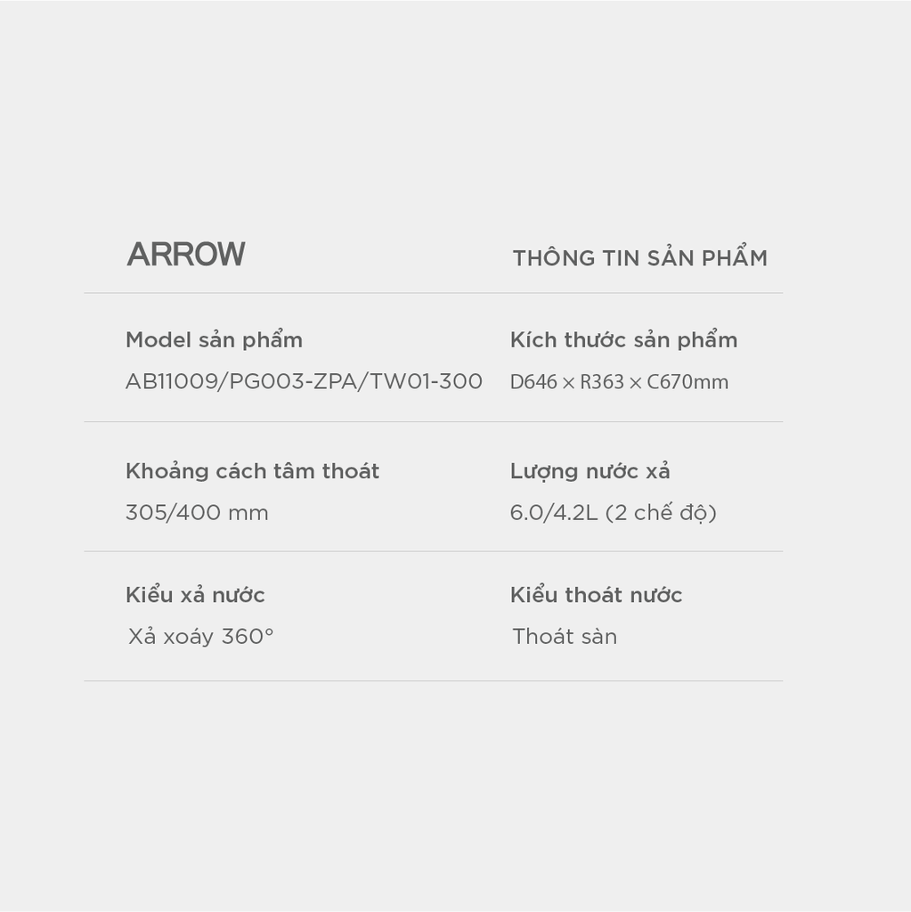 Bồn cầu một khối Arrow AB11009/PG003-ZPA/TW01-300