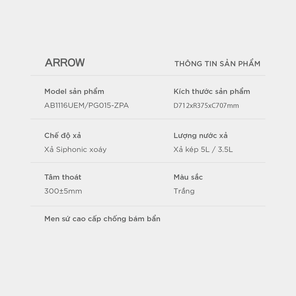 Bồn cầu một khối Arrow AB1116UEM/PG015-ZPA