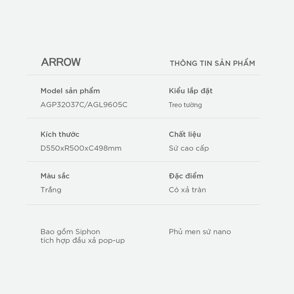 Chậu rửa lavabo treo tường Arrow AGP32037C/AGL9605C