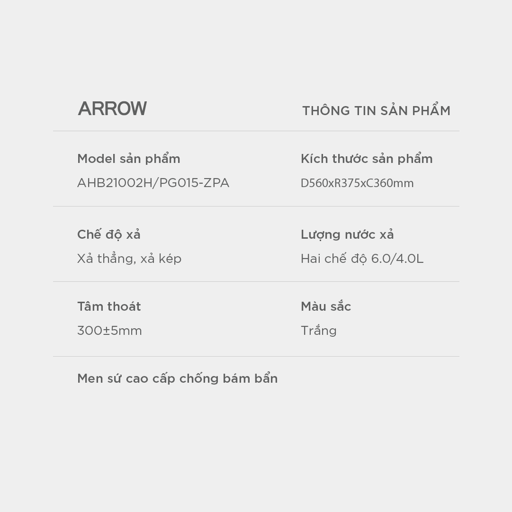 Bồn cầu treo tường Arrow AHB21002H/PG015-ZPA