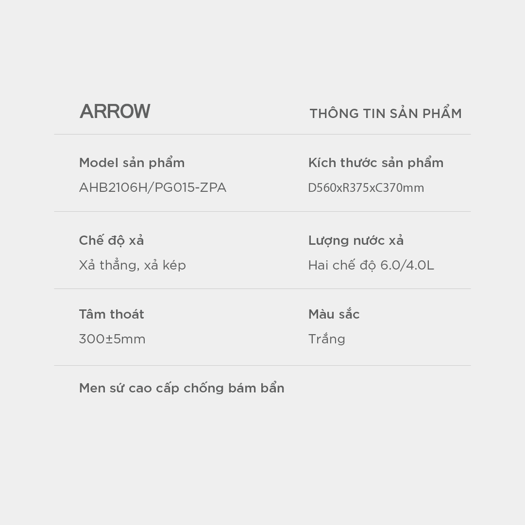 Bồn cầu treo tường Arrow AHB2106H/PG015-ZPA