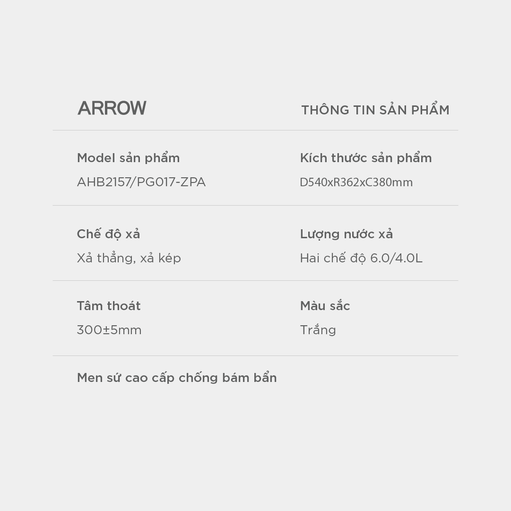 Bồn cầu treo tường Arrow AHB2157/PG017-ZPA