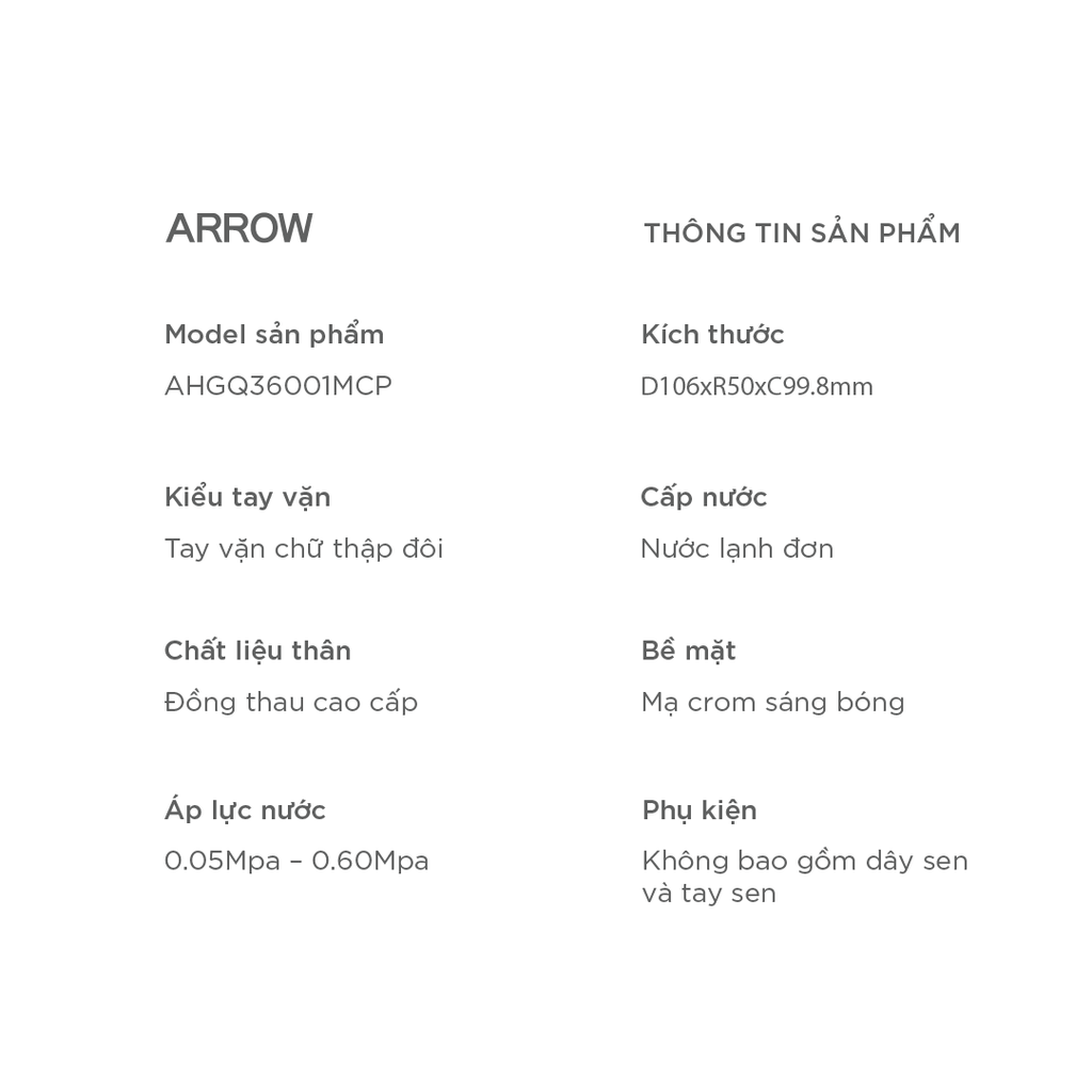 Vòi Lavabo Lạnh Arrow AHGQ36001MCP