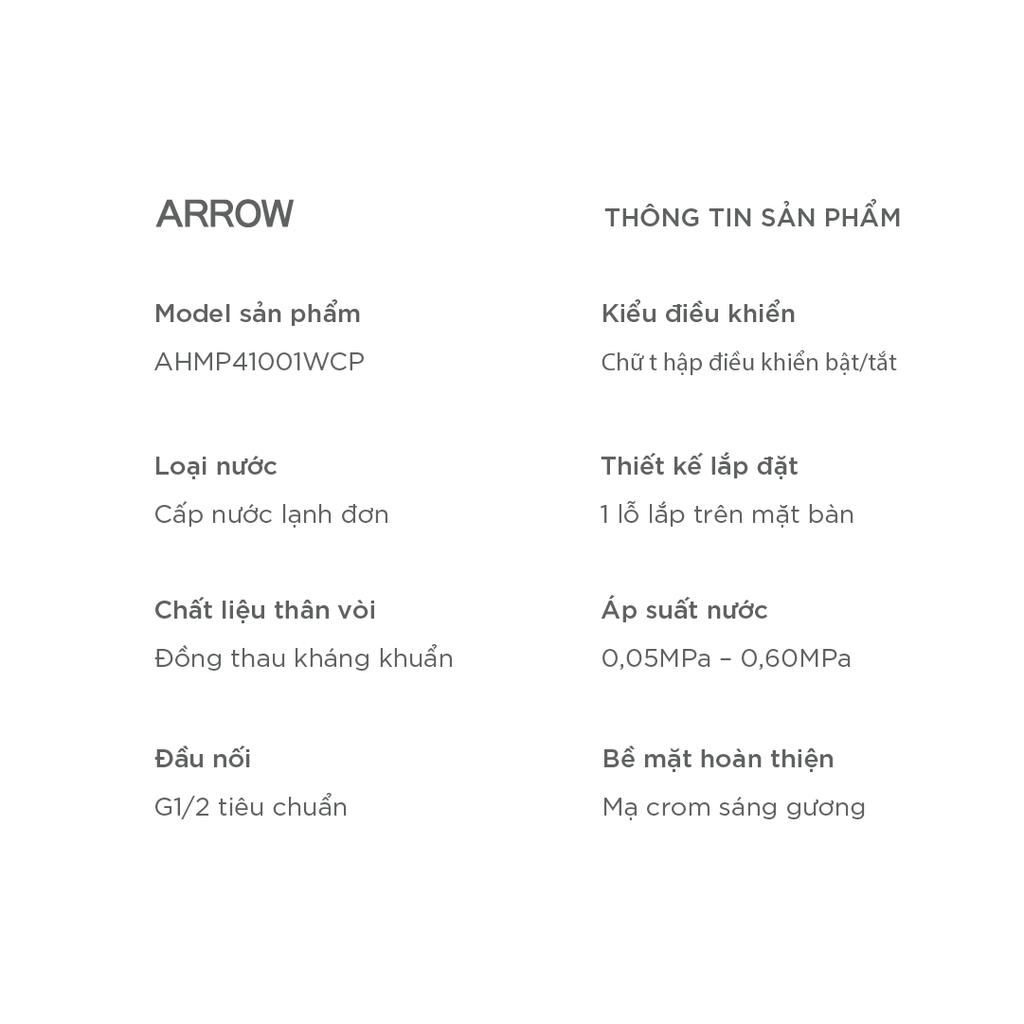 Vòi Lavabo Lạnh Arrow AHMP41001WCP
