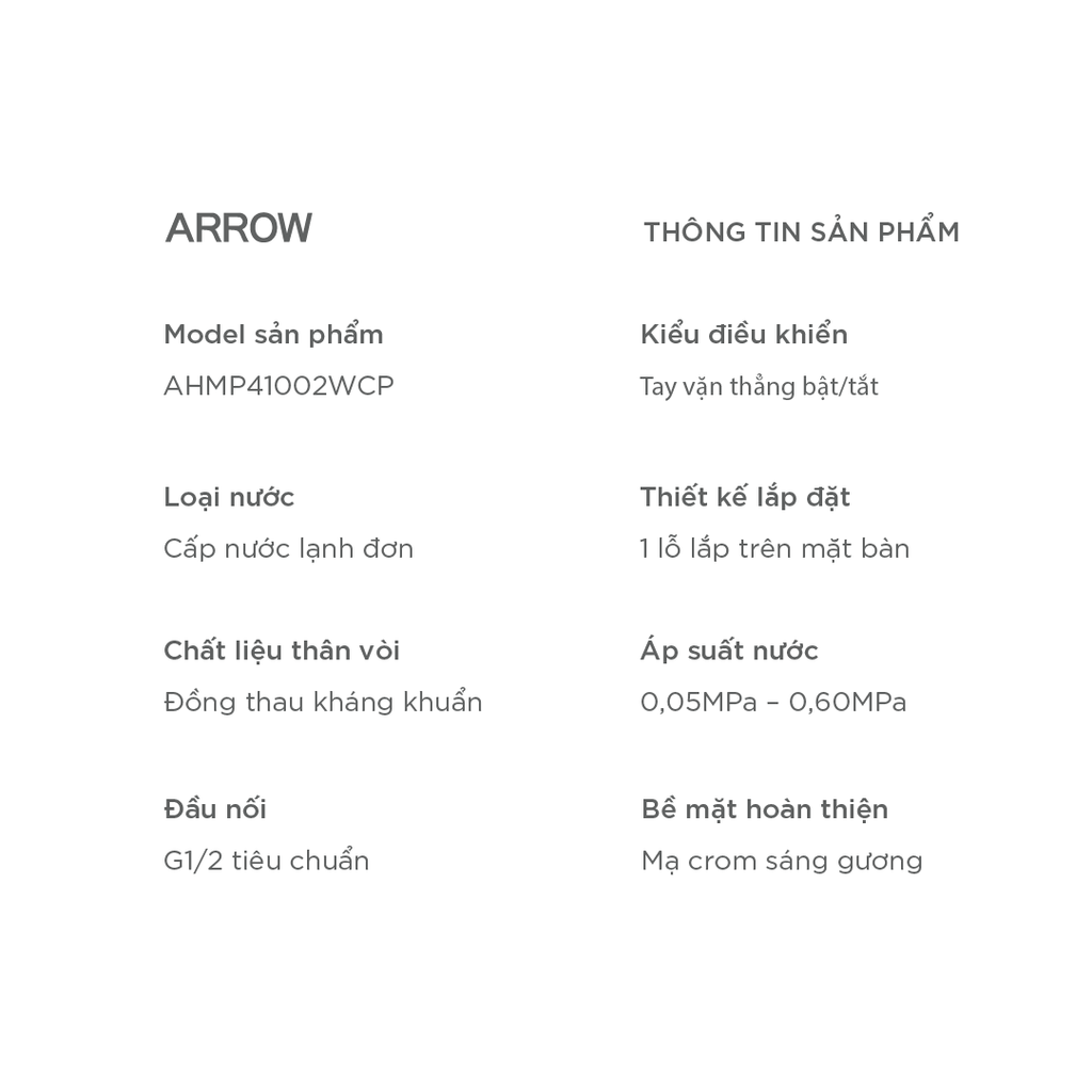 Vòi Lavabo Lạnh Arrow AHMP41002WCP