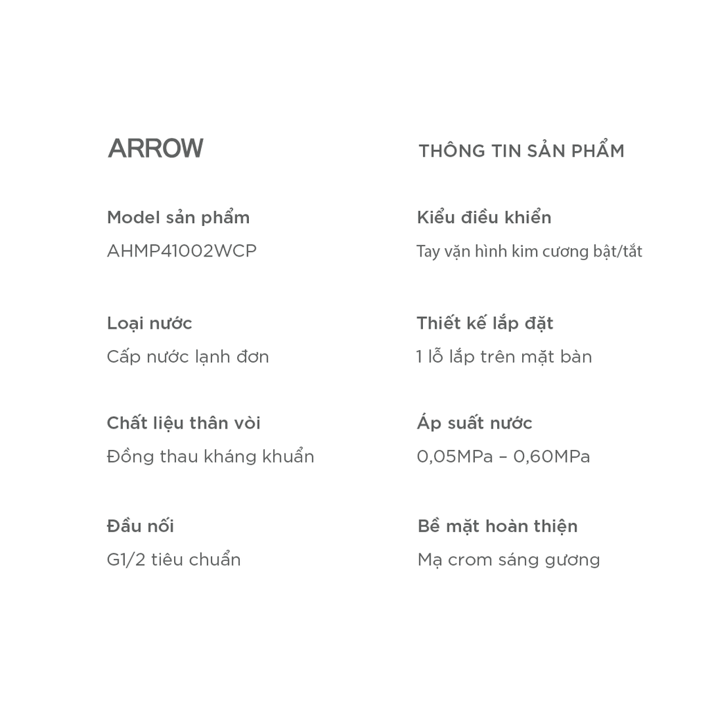 Vòi Lavabo Lạnh Arrow AHMP41003WCP