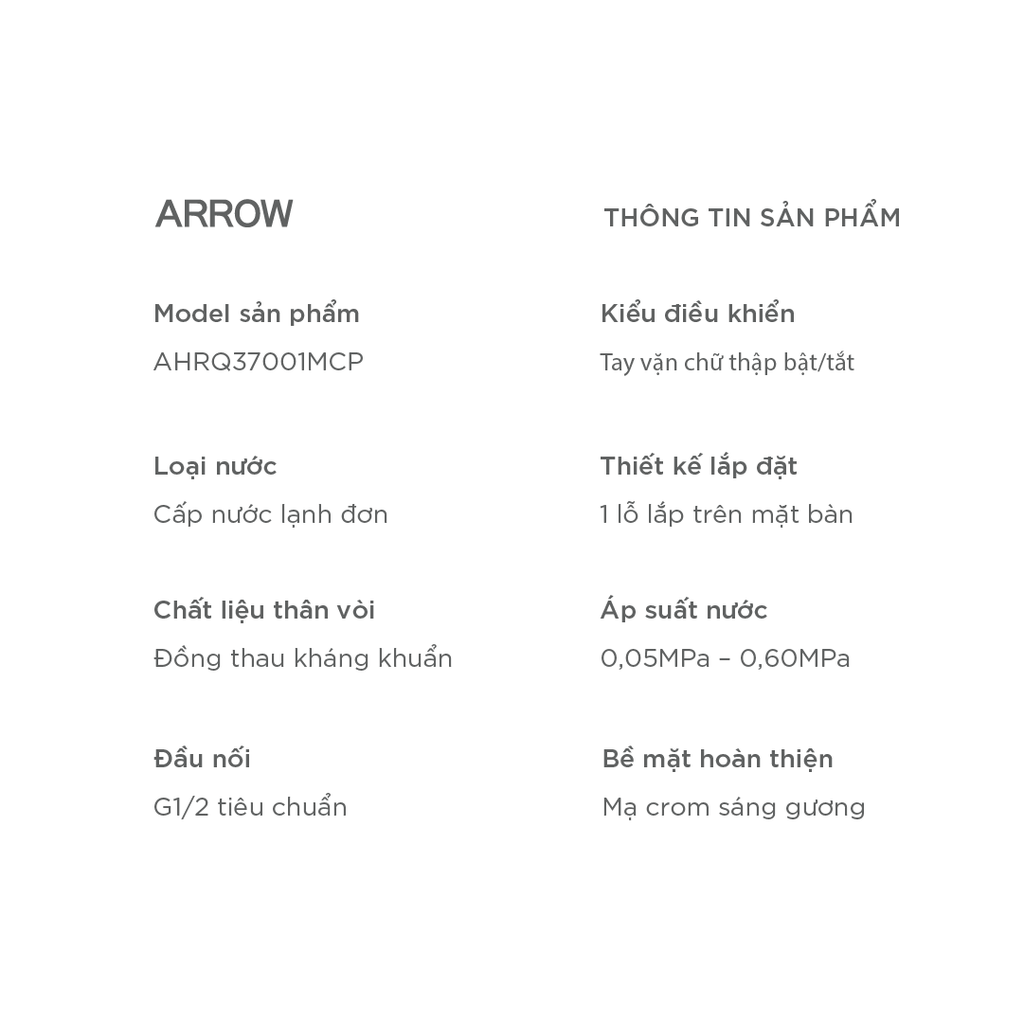 Vòi Lavabo Lạnh Arrow AHRQ37001MCP