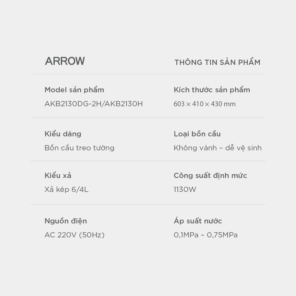 Bồn cầu thông minh treo tường Arrow AKB2130DG-2H/AKB2130H