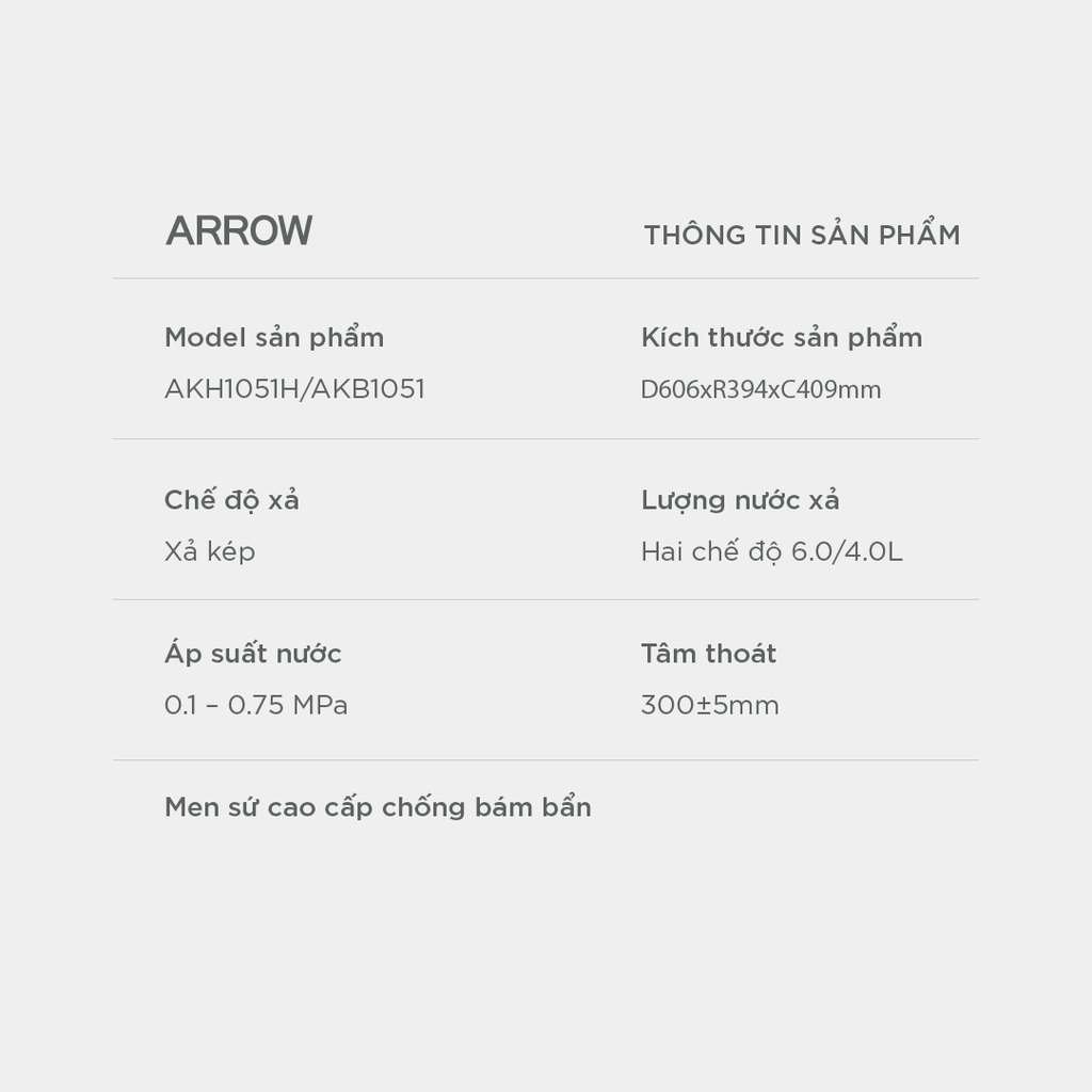 Bồn cầu thông minh treo tường Arrow AKH1051H/AKB1051