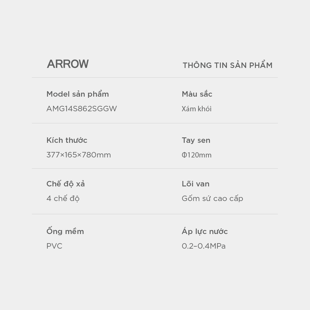Vòi sen cây nóng lạnh Arrow AMG14S862SGGW