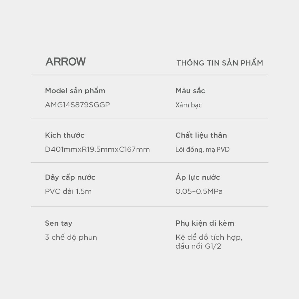 Vòi sen cây nóng lạnh Arrow AMG14S879SGGP