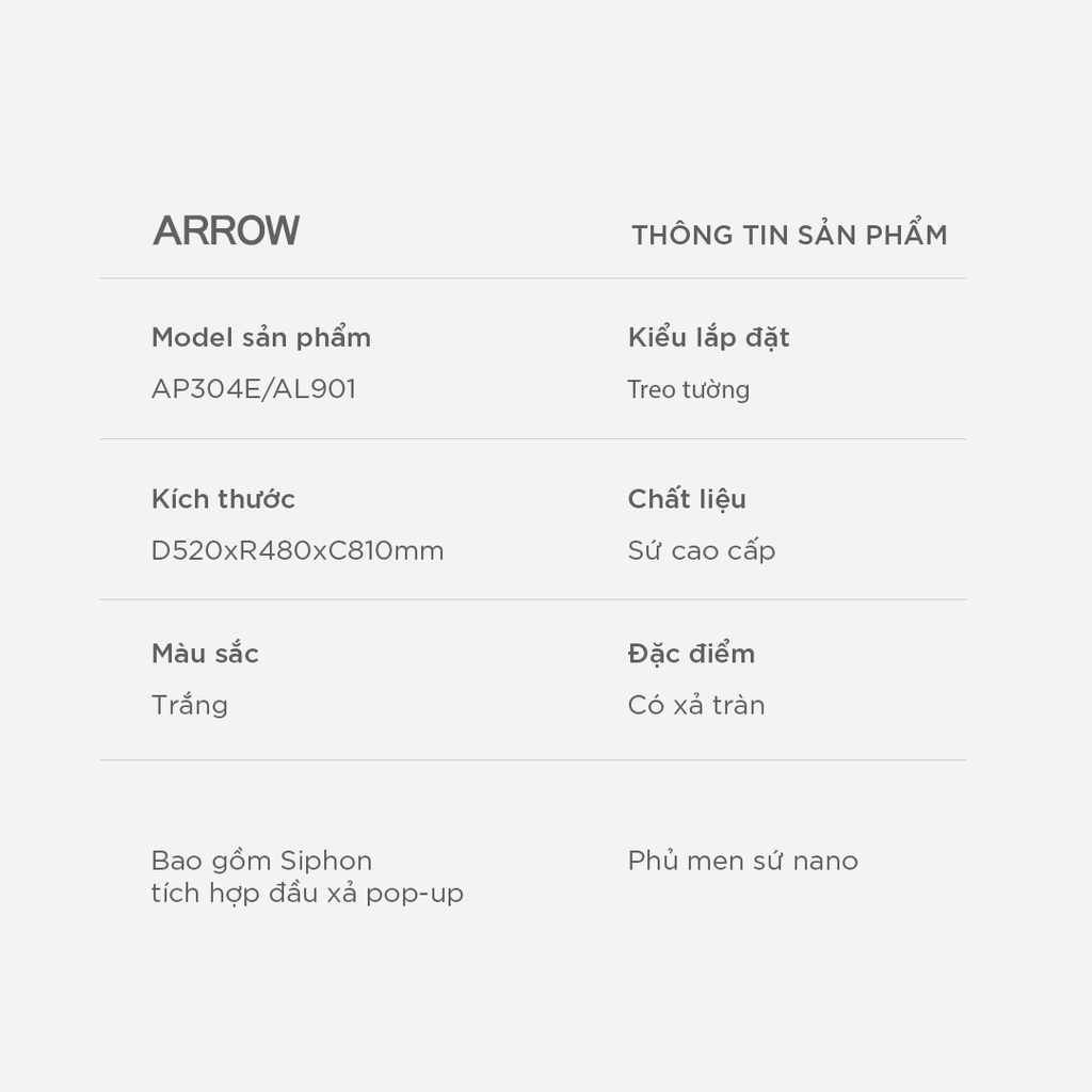 Chậu rửa lavabo treo tường Arrow AP304E/AL901