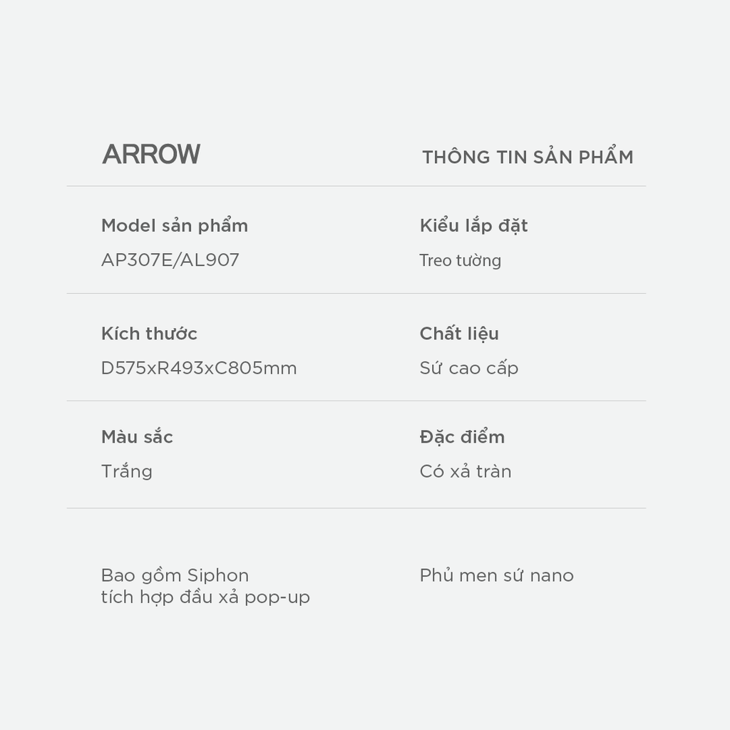 Chậu rửa lavabo treo tường Arrow AP307E/AL907