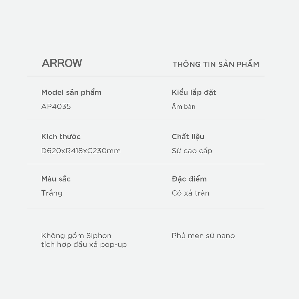 Chậu rửa lavabo âm bàn Arrow AP4035