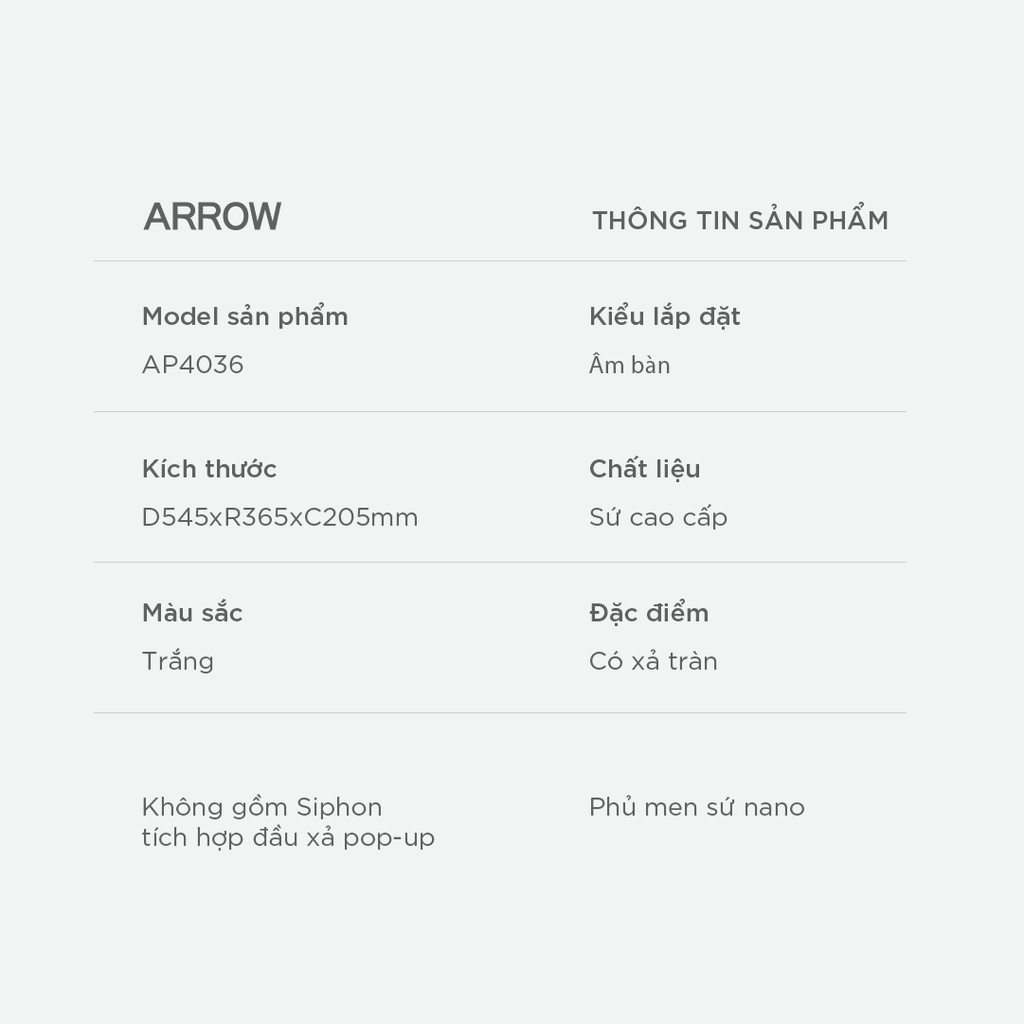 Chậu rửa lavabo âm bàn Arrow AP4036