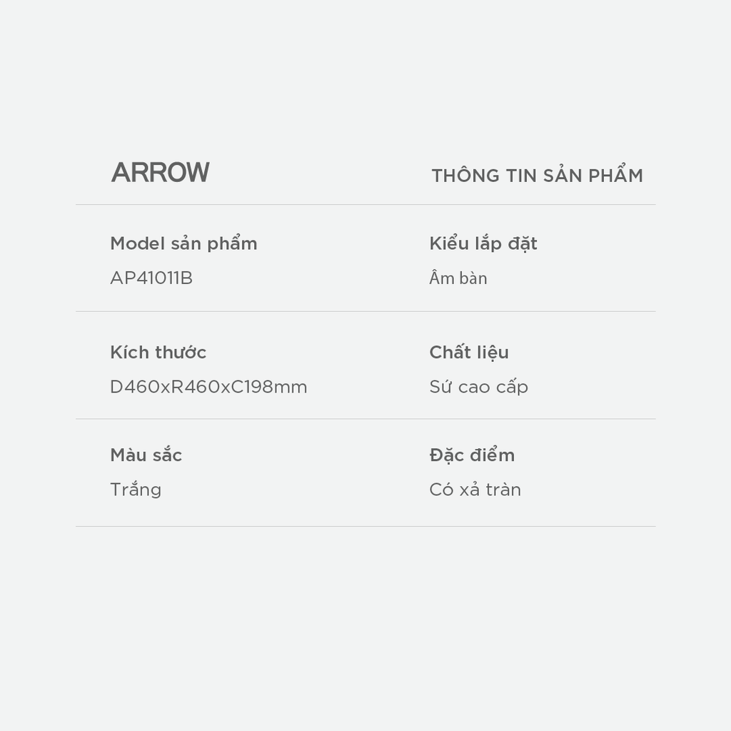 Chậu rửa lavabo âm bàn Arrow AP41011B