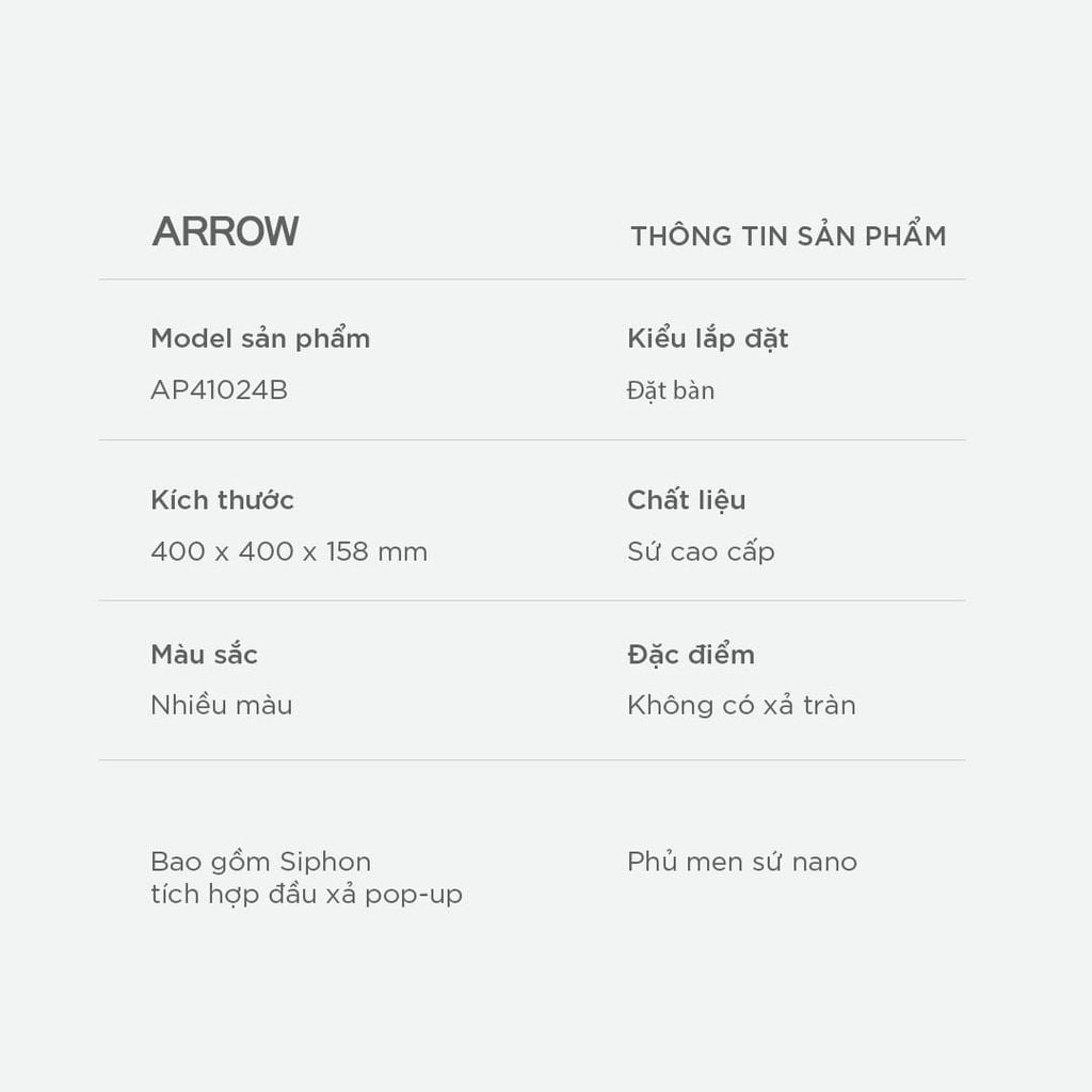 Chậu rửa lavabo đặt bàn Arrow AP41024B-TGR