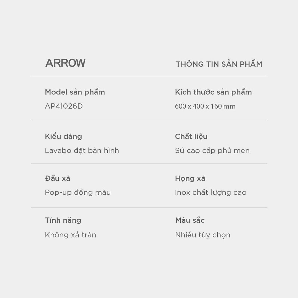 Chậu rửa lavabo đặt bàn Arrow AP41026D