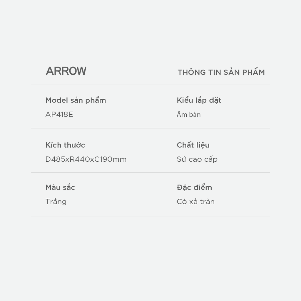 Chậu rửa lavabo âm bàn Arrow AP418E