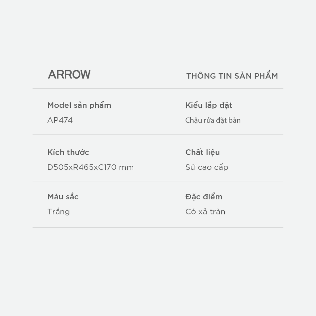 Chậu rửa lavabo đặt bàn Arrow AP474