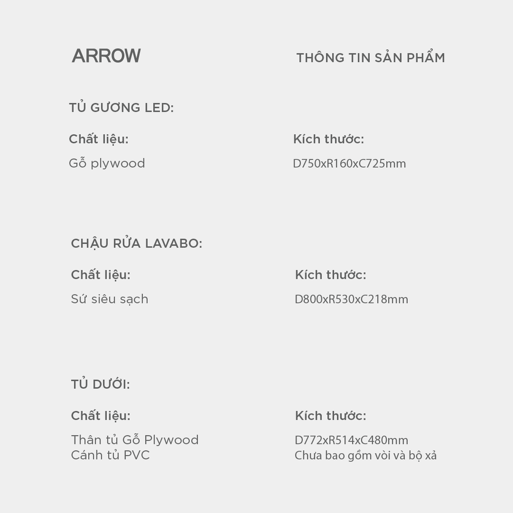 Bộ Tủ Lavabo Arrow APGMH8G31020F-SD/AP31020F và Tủ Gương Arrow AMYJH8G31020F-SD