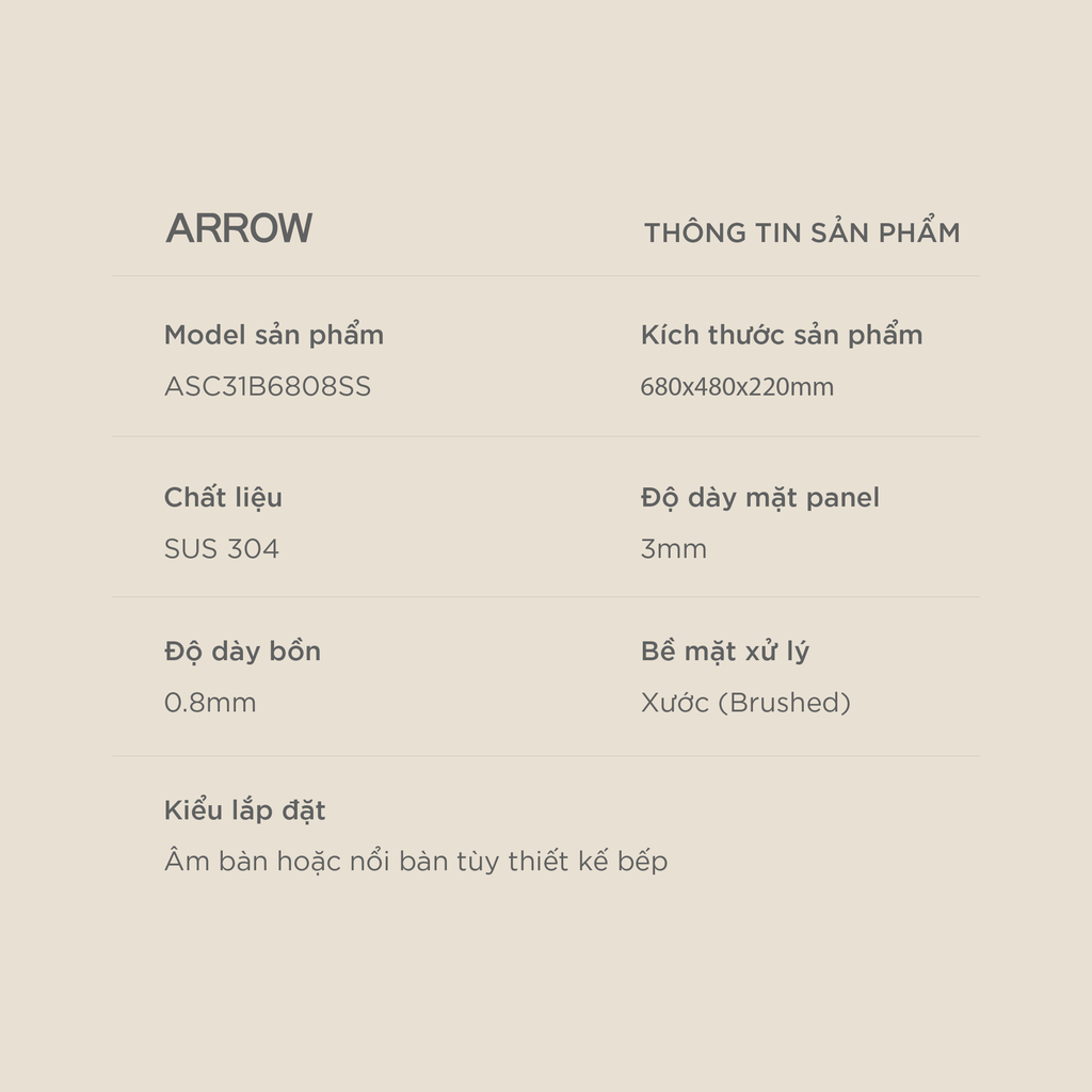 Chậu rửa chén Arrow ASC31B6808SS