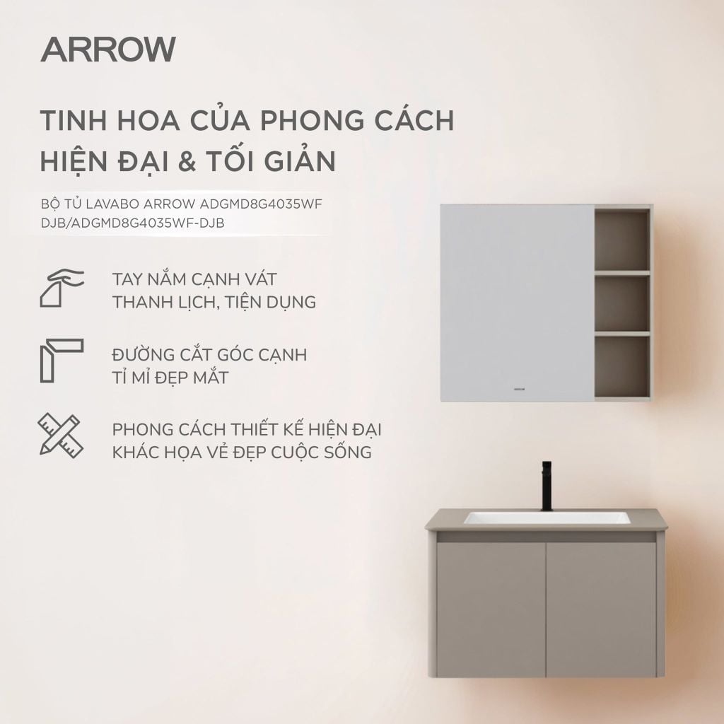 Bộ Tủ Lavabo Arrow ADGMD8G4035WF-DJB/ADGMD8G4035WF-DJB và Tủ Gương Arrow AMJD8G4035WF-DJB