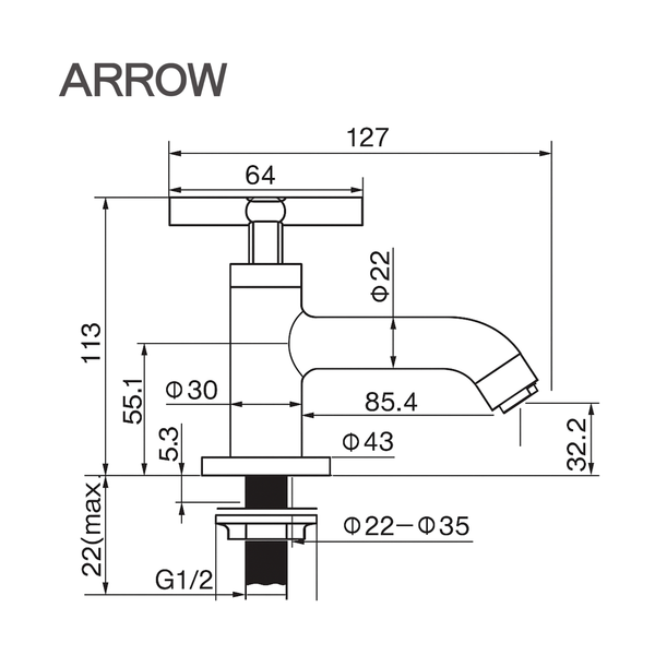 Ảnh bản vẽ kỹ thuật vòi lavabo lạnh Arrow AHMP41001DCP