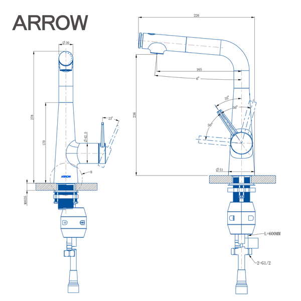 Ảnh bản vẽ kỹ thuật vòi lavabo nóng lạnh Arrow AF4166CP